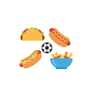 A minimalist flat vector artwork of a taco, a hotdog, and a bowl of poutine arranged around a small soccer ball icon. Absolute solid block colors, extremely sharp unblended edges, zero