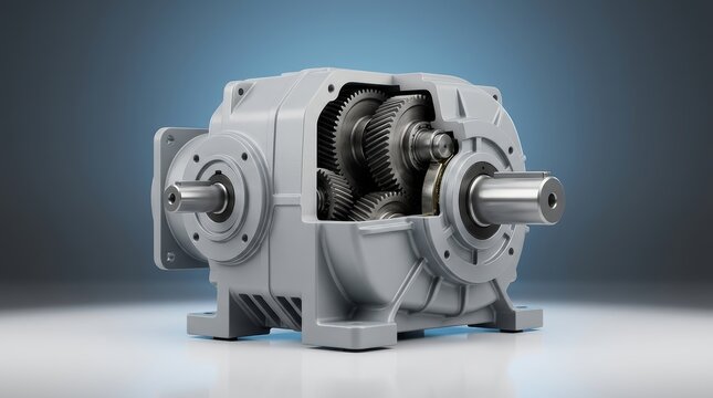 Precision engineered industrial gear reducer 3D render, high torque speed reduction gearbox, mechanical power transmission and drivetrain system