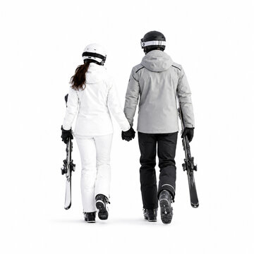 Rear view of a young couple dressed in modern ski clothing walking side by side while carrying skis. Isolated on a clean white background, the image represents winter sports, outdoor recreation.