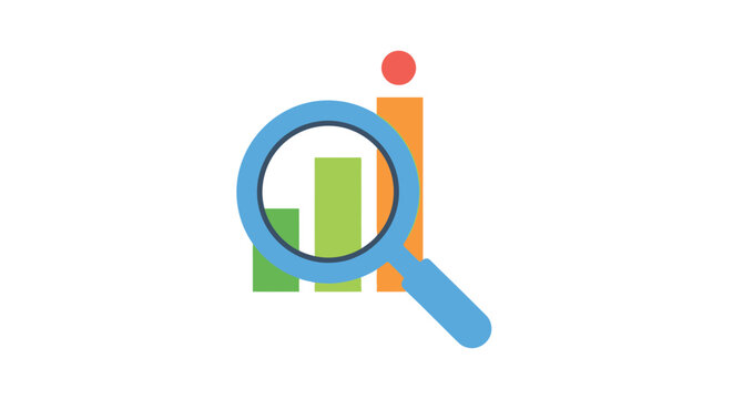 Bar graph with magnifying glass flat vector illustration on white background