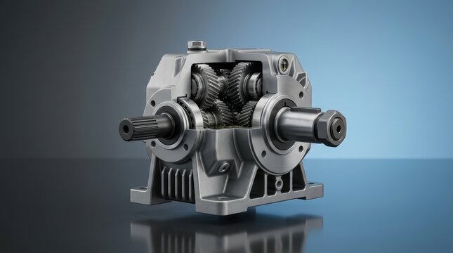 Precision engineered industrial speed reducer 3D render, mechanical gear reduction unit, torque conversion gearbox for automation and drivetrain systems
