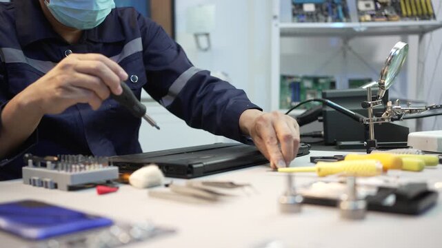 Technician repairs a laptop at a workbench using a screwdriver, with tools and electronic parts spread across the table in a clean workshop