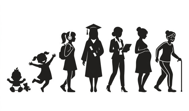 Life stages silhouette series from infancy to seniority black and white vector