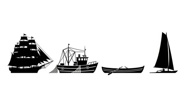 Maritime vessels silhouette collection sailing ship trawler rowboat and yacht