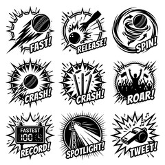 Comics style bowling ball icons with motion effects