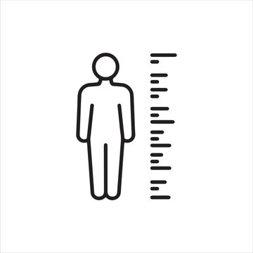 Human height measurement icon, linear style vector illustration of a person standing next to a ruler scale, used for growth tracking or medical check
