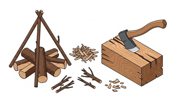 Wood chopping illustration with log stack kindling and axe