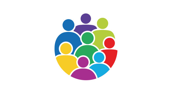 Colorful group of people silhouettes forming a circular design on white
