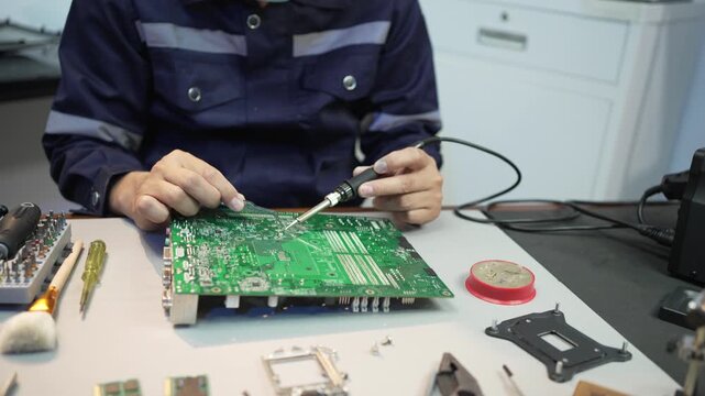 Technician soldering and repairing a green circuit board on a workbench with tools and electronic parts in a workshop.