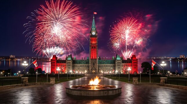 Fireworks display over illuminated Parliament Hill in Ottawa with Centennial Flame at night long exposure