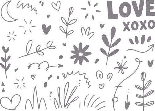 Hand-drawn doodle hearts, leaves, flowers, and text
