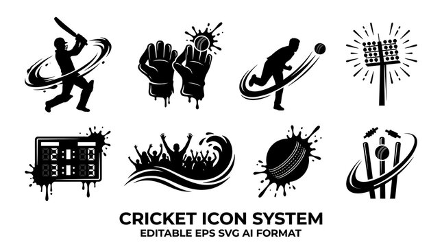 Black cricket icons set with editable vector format