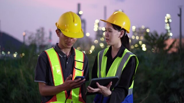 Industrial workers using mobile technology and digital tools at a manufacturing facility. Team collaboration, field inspection, workplace safety, engineering operations and industrial management.