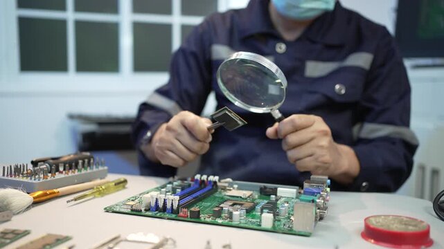 Technician wearing a mask inspects a computer circuit board with a magnifying glass at a workbench, showing electronics repair, quality control, and careful maintenance.