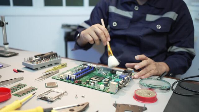 Technician cleaning a computer motherboard with a brush at a workbench, surrounded by tools and electronic parts in a repair workshop.