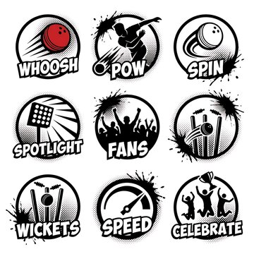 Cricket icons set with action words And, Cricket 2026, Cricket 2027, ICC Cricket 2027, ICC T20 World Cup, IPL 2026, Asia Cup	