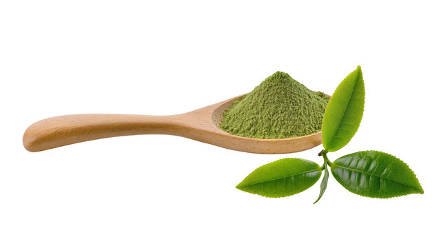 Green tea powder in wooden spoon with fresh leaves