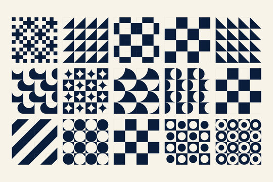 Geometric patterns squares, triangles, circles, and arcs in navy and cream abstract navy blue