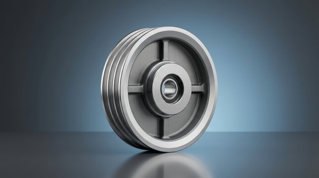 Precision engineered industrial idler pulley 3D render, passive belt guidance wheel, low friction tension and alignment component for conveyor drive systems
