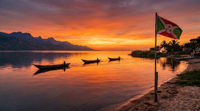 Fishing boats silhouetted on Lake Tanganyika at sunset with mountains and Burundi national flag