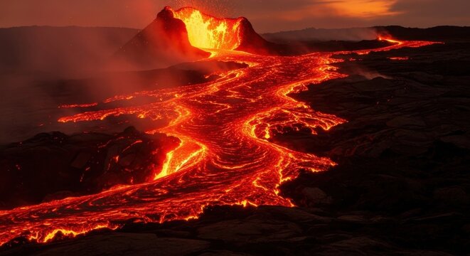 Volcano Erupting Molten Lava Flowing Down Mountain Slope