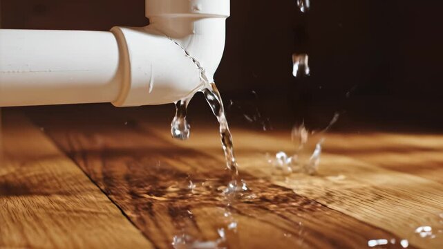 Water leaking from pipe onto wooden floor