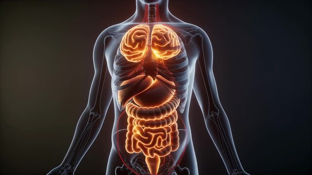 Anatomical illustration of the human digestive system and brain glowing with internal energy.