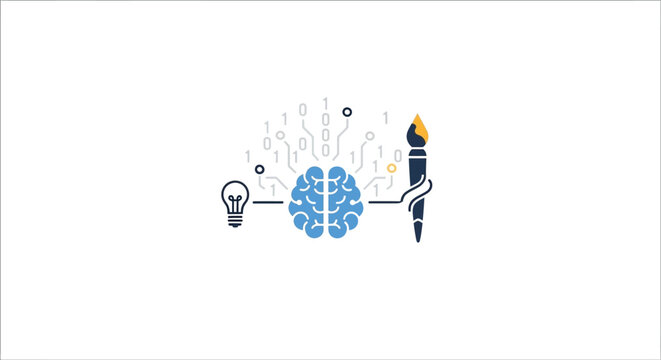 Lightbulb Brain And Paintbrush With Binary Code Flat Vector Illustration