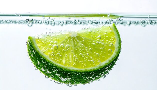 Single fresh green lime slice submerged in clear sparkling water, surrounded by bubbles