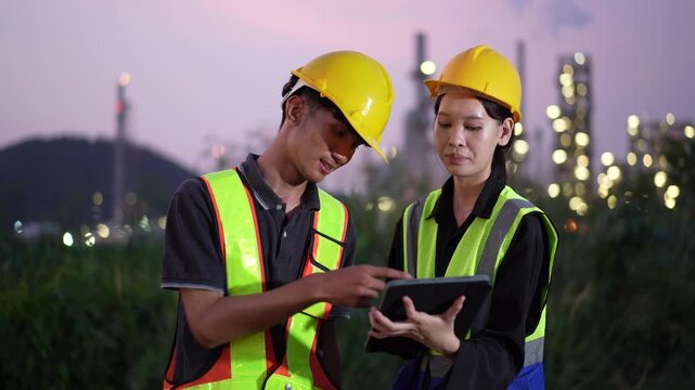 Industrial workers using mobile technology and digital tools at a manufacturing facility. Team collaboration, field inspection, workplace safety, engineering operations and industrial management.