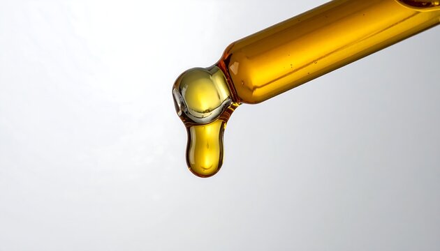 A Macro Shot of a Single Amber Glass Dropper Releasing One Golden Drop of Essential Oil