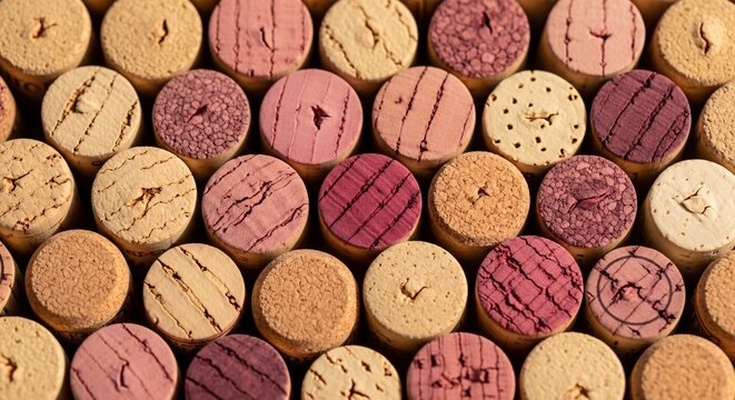 Close up of assorted wine corks with varied colors.