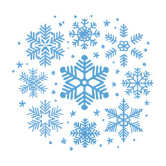 Fototapeta premium Blue snowflakes arranged in a circle on a white background