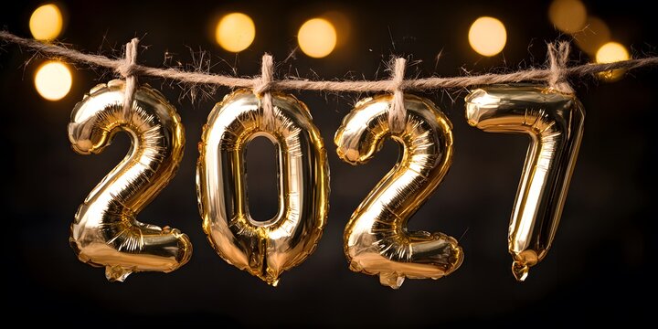Gold balloons hanging from twine with string lights