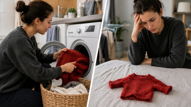Red wool sweater after hot cycle and laundry regret