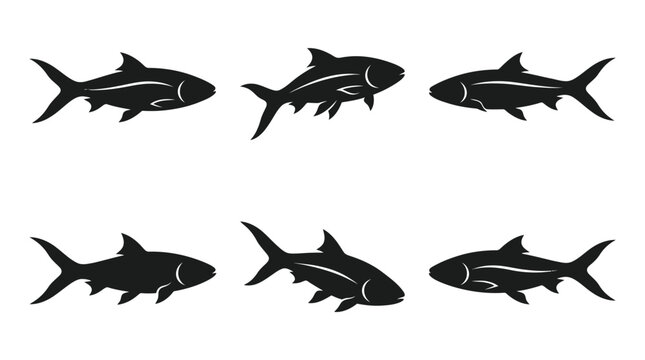 different black milkfish silhouettes on a clean white background, minimalist vector style.