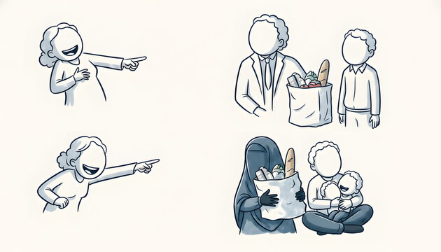 Social discrimination and prejudice concept illustrations, faceless characters mocking diverse people, bullying and inequality visual set