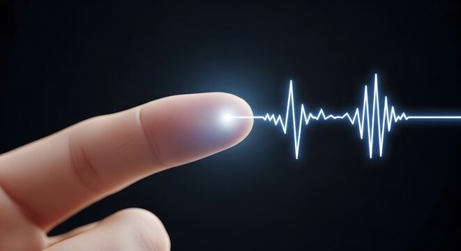 Close-up of Human Finger Touching Digital Heartbeat EKG Pulse Line on Dark Background, Innovation Concept