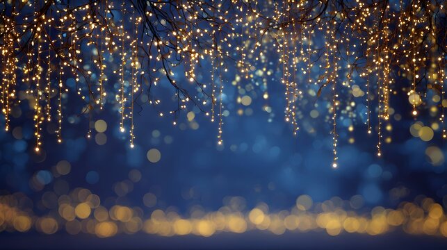 Golden string lights on tree branches against blue bokeh background