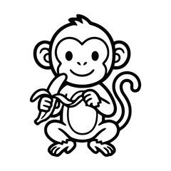 Fototapeta premium Cartoon Monkey Peeling a Banana outline illustration