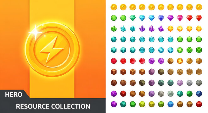 Hero resource collection of game icons, golden energy coin with lightning bolt, colorful gems and crystal loot for mobile gaming interface