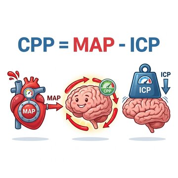 CPP MAP Minus ICP Medical Mnemonic Tug of War Brain Perfusion Pressure Cartoon Illustration