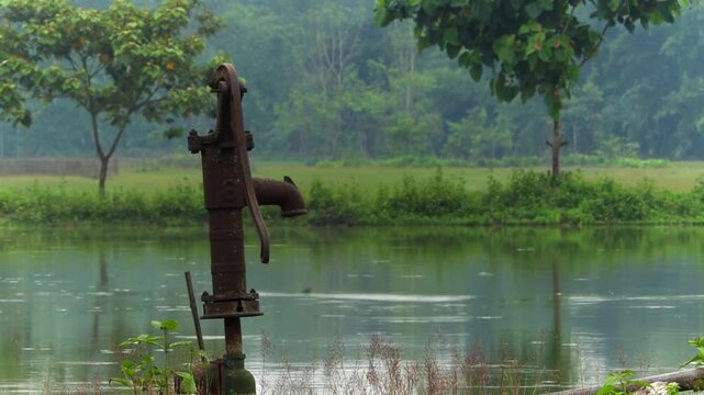 A vintage, rusted iron water hand pump stands on the bank of a peaceful rural pond, featuring lush green trees in the background and a small bird captured mid-flight over the calm water.