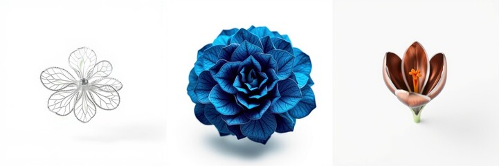 Obraz premium Floral composition. Three distinct blooms presented, silver, blue, brown hues dominate. Delicate petals, artistic arrangement visible.