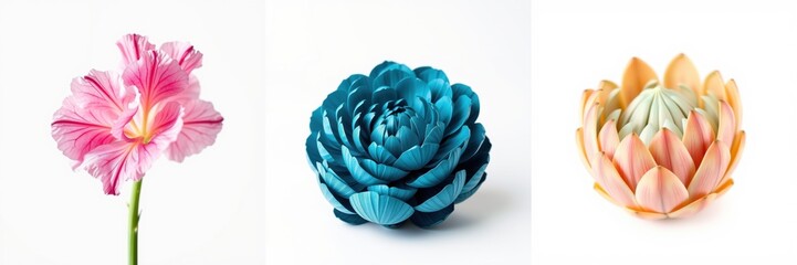 Obraz premium Floral arrangement showcases three distinct blooms. Pink, teal, peach colors dominate composition. Delicate petals create beautiful textures.