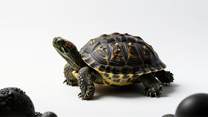 Obraz premium Close-up of a turtle with a patterned shell on a white background