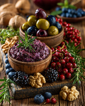 Antioxidant rich Mediterranean spread with olives berries walnuts and herbs for polyphenol nutrition and healthy aging