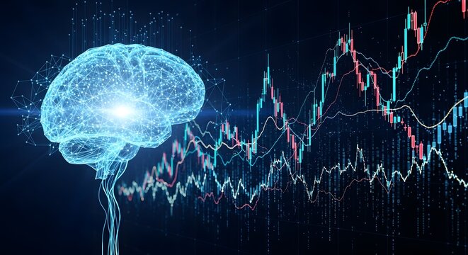 Glowing brain with stock market graph, symbolizing business intelligence and financial analysis