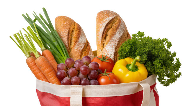 Fresh groceries in reusable bag bread carrots grapes tomatoes bell pepper, parsley