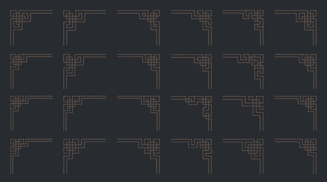 Set of bronze oriental geometric corner border ornaments in traditional Chinese style on dark background, illustrating decorative frames, provides graphic assets for lunar new year cards